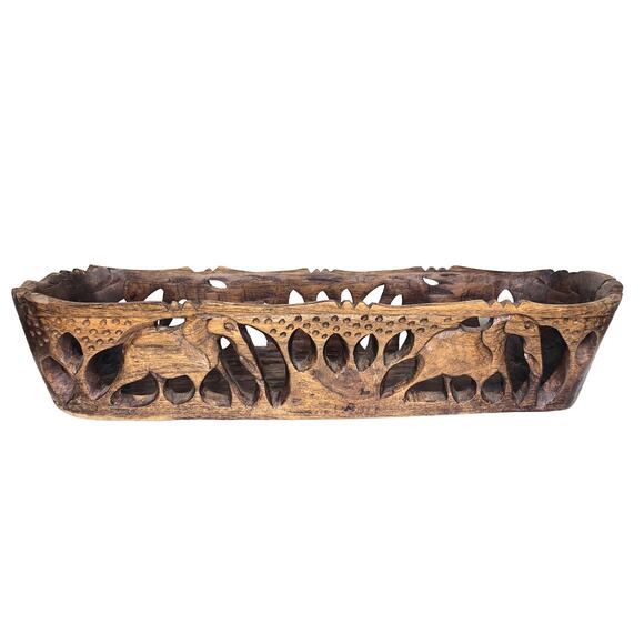 Home Decor Wooden Carved Elephant Cutout Long Oval Mantel Accent - Picture 1 of 12